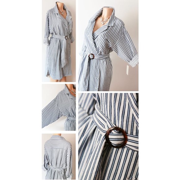 Zara Blue Stripe Belted Wrap Button Shirt Dress - Picture 3 of 8